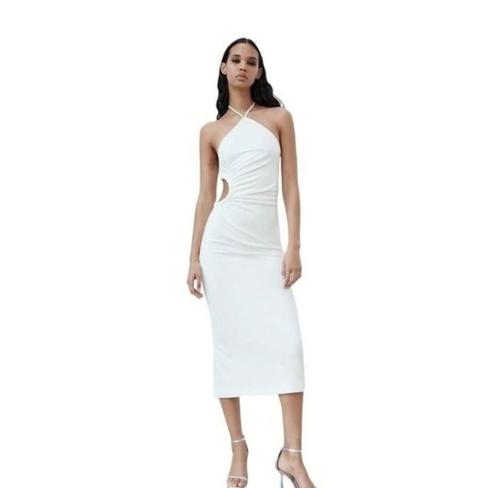 Zara White Asymmetric Halter Midi Dress with Side Cutout